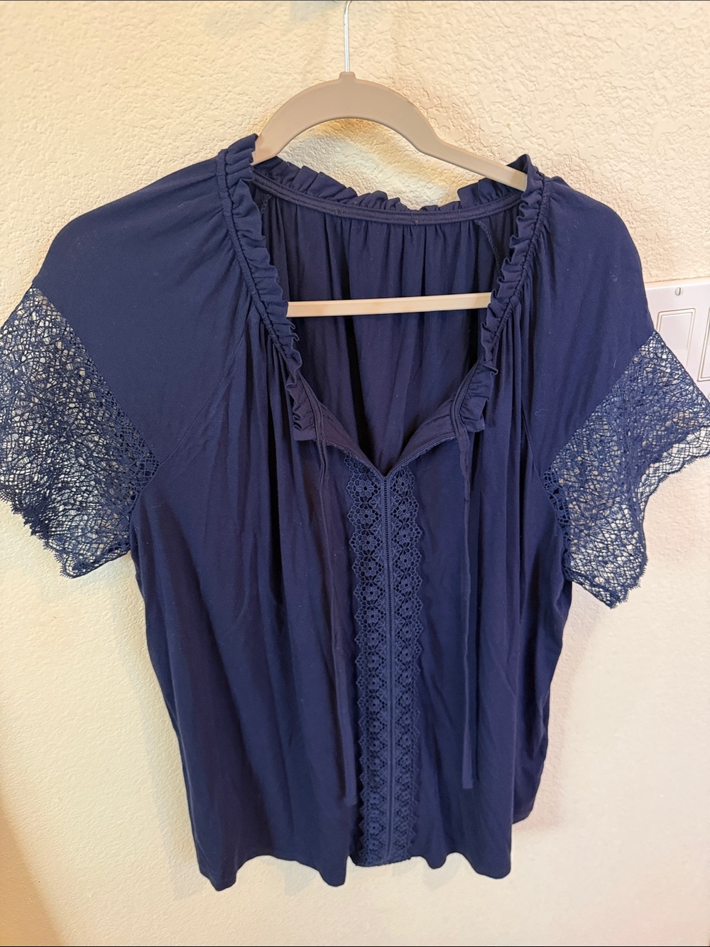 Women's Navy Lace-Trim Peasant Blouse with Ruffle Neck